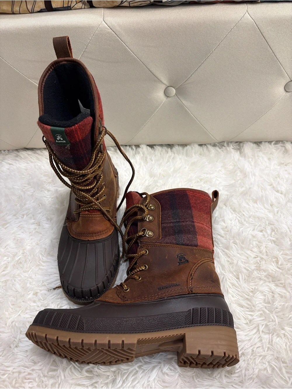 Kamik Women's Brown & Red Plaid Winter Rain Boots